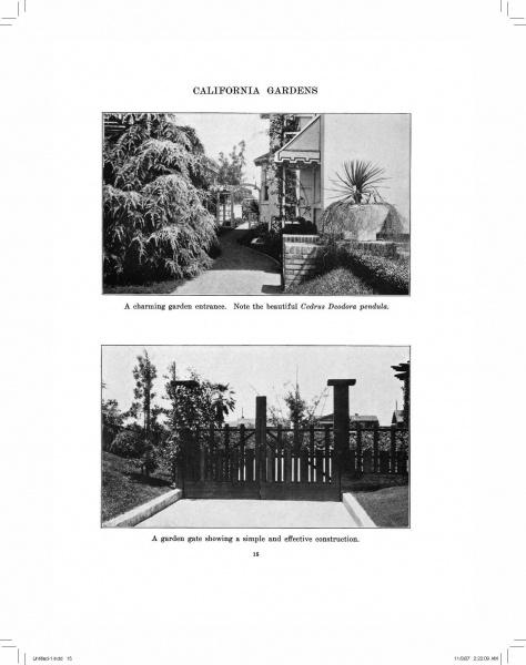 The Schiffer Publishing, Ltd. book “California Gardens of the Arts & Crafts Period” features vintage black-and-white photos of lush garden entrances and wooden gates, capturing historic California garden design.