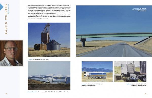A magazine spread for "Painted Sky" by Schiffer Publishing, Ltd. showcases Aaron Wuerker's paintings of rural and industrial Rocky Mountain West scenes—grain silos, overpass, wind turbines, tankers, truck—with his portrait and text on the left page.