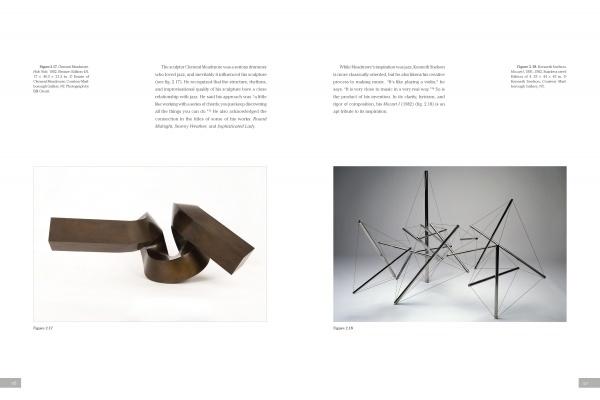 Two pages from *The Experience of Modern Sculpture* by Schiffer Publishing, Ltd. display an abstract curved metal work (left) and a geometric structure of rods and cables (right), each with captions and text above the images.