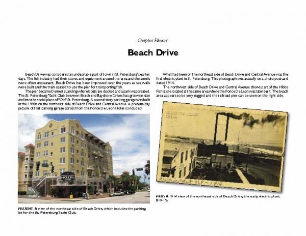 A page from St. Petersburg by Schiffer Publishing, Ltd. displays Chapter Eleven: Beach Drive, featuring a color photo of a modern street-corner building and a vintage sepia photo reminiscent of collectible postcards.