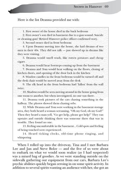 A page from "Ghostly Connections" by Schiffer Publishing, Ltd. details deaths in a house, hauntings reported, chilling ghost stories from Pennsylvania, and concludes with the author's own paranormal encounter.