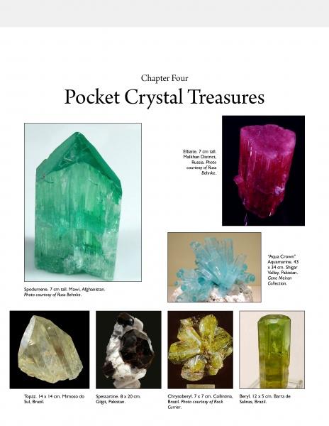 A page titled A Collector's Guide to Granite Pegmatites by Schiffer Publishing, Ltd. shows seven labeled granite pegmatite crystals and ore minerals, ideal for collectors, arranged in a grid on a white background.
