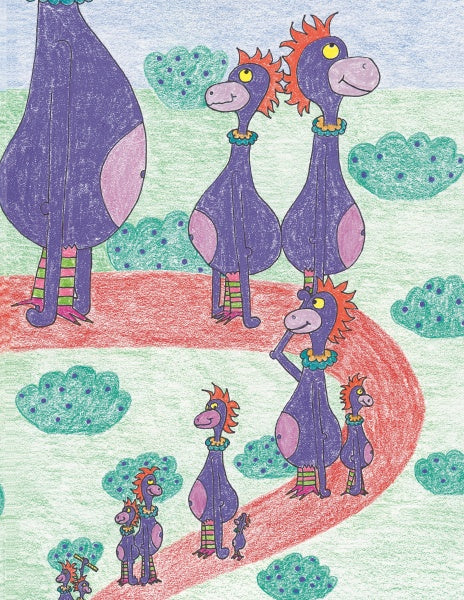 Colorful drawing of smiling, purple, dinosaur-like creatures from "Don't Be a Schwoe" by Schiffer Publishing, Ltd., wearing striped socks and walking along a red path, enjoying healthy habits in a grassy field with green bushes.