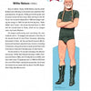 Illustration of Willie Nelson in black attire and boots, with long braids, smiling. Text celebrates his legacy as a famed Texas musician, with a red bandana above him. Inspired by Texas paper dolls. From Famous Texas Men by Schiffer Publishing, Ltd.