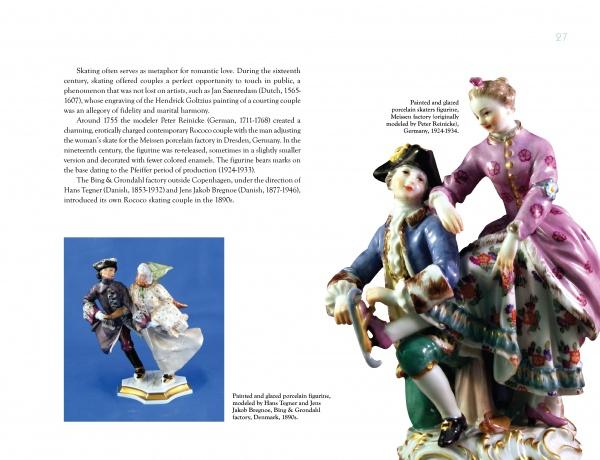 Figure Skating and the Arts by Schiffer Publishing, Ltd. highlights porcelain figurines, including an 18th-century dressed couple and a skating pair holding hands, beautifully presented on white backgrounds.