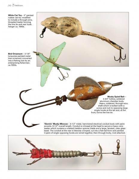 The Vintage Folk Art Fishing Lures and Tackle by Schiffer Publishing, Ltd. features four detailed lures—mouse, bird, spinning fish, and segmented minnow—with metal hooks and painted or metallic bodies, each with unique descriptions.