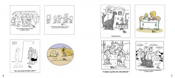 A two-page spread from "Mirth in the Morning...and All Laughternoon" by Schiffer Publishing, Ltd. features single-panel cartoons—black-and-white and color—with dinosaurs, witty banter, clever captions, and memorable humor.