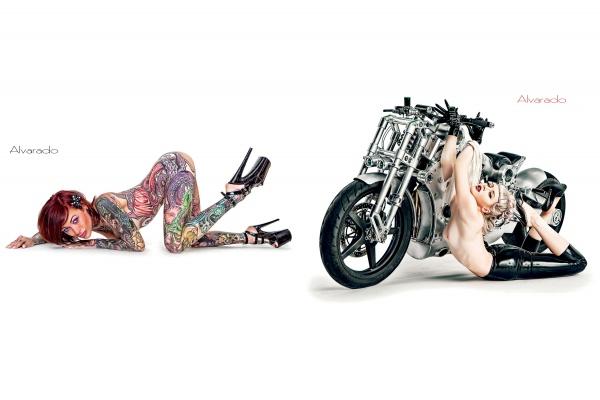 Featured in "Alvarado's Pin-up Nudes, 2nd Edition" by Schiffer Publishing, Ltd., a tattooed woman in heels poses on the floor as another in black latex and heels strikes an upside-down pose on a motorcycle against a white backdrop.