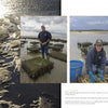 A man stands on wet sand by oyster cages at low tide; inset, a woman in gloves harvests oysters—both in sweatshirts and hats on a Cape Cod farm. Featured in "Farms of Cape Cod" from Schiffer Publishing, Ltd.