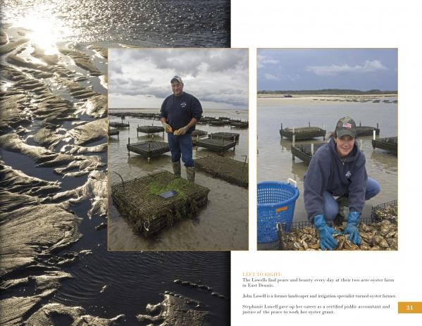 A man stands on wet sand by oyster cages at low tide; inset, a woman in gloves harvests oysters—both in sweatshirts and hats on a Cape Cod farm. Featured in "Farms of Cape Cod" from Schiffer Publishing, Ltd.