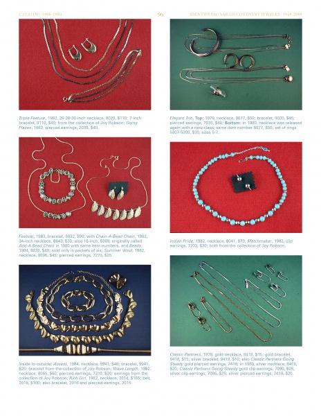 A catalog page showcases six photos of jewelry sets featured in "Identifying Sarah Coventry Jewelry, 1949-2009" by Schiffer Publishing, Ltd., with descriptive text beneath each—a treat for vintage jewelry enthusiasts.