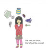 A girl stands smiling with clasped hands, surrounded by floating household items—a lamp, vase, candle, camera. Text: I've told you once; that should be enough. Inspired by a children's book. "Don't Be a Schwoe" by Schiffer Publishing, Ltd., red borders frame the image.