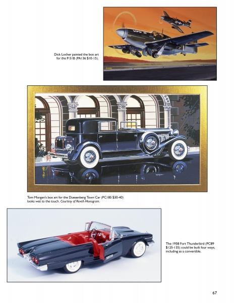 A page showcasing Monogram Models by Schiffer Publishing, Ltd., featuring a WWII fighter plane, a classic black luxury car, and a red 1958 Ford Thunderbird with white seats, all crafted as detailed collectible kits.