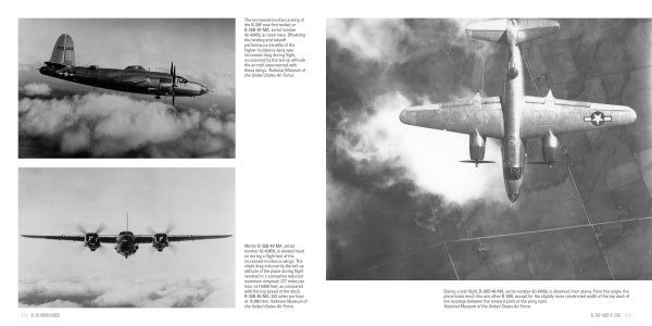 Three black-and-white photos of the B-26 Marauder appear in flight—side, below, and head-on shots—above clouds. Informative text offers historical details on this WWII medium bomber. From Schiffer Publishing, Ltd.