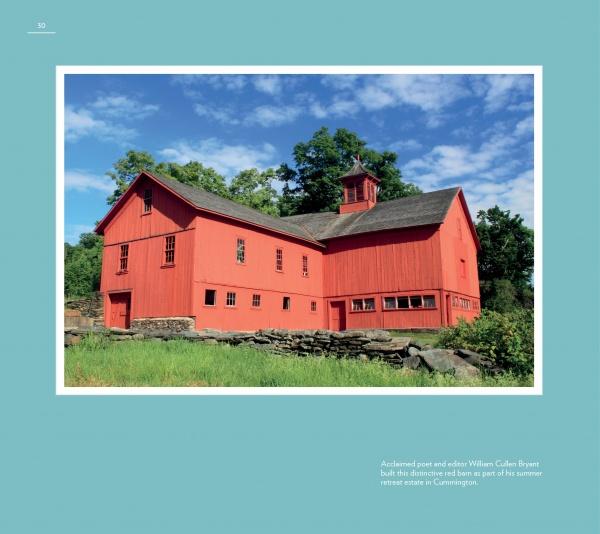 A large red barn with a cupola stands behind a stone wall in the Valley region by the Connecticut River, featured in "Central Massachusetts Perspectives" from Schiffer Publishing, Ltd.