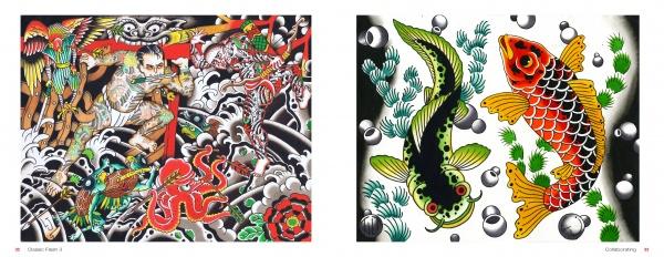 Classic Flash 3 by Schiffer Publishing, Ltd. showcases two vibrant tattoo-style artworks: one depicts a mythological, heavily tattooed figure with dragon and octopus motifs; the other features koi fish swimming among bubbles and plants.