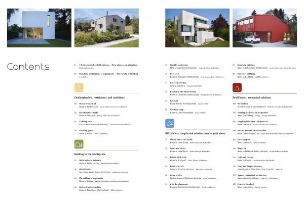 The contents page of "Contemporary Home Design" by Schiffer Publishing, Ltd. displays small modern home images above, with section titles and page numbers below, organized into various architectural themes and categories for single-family homes.