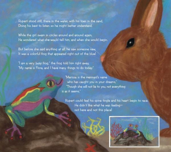 On the cover of "Rupert's Tales: A Book of Bedtime Stories" by Schiffer Publishing, Ltd., a colorful frog and a large brown rabbit face each other by blue water, with story text about bedtime and dreams overlaid on the image.