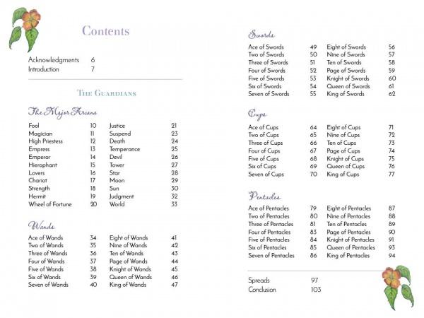 Table of contents page for Guardian Tarot guidebook by Schiffer Publishing, Ltd., featuring: The Major Arcana, Wands, Swords, Cups, Pentacles, personal development spreads, and conclusion. Floral accents in top-right and bottom-left corners.
