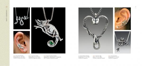 A catalog spread for "Reptiles & Amphibians in Contemporary Art" by Schiffer Publishing, Ltd., showcasing silver animal jewelry—snake and chameleon necklaces, snake earrings, heart-shaped snake pendant, and frog earring with pearls—on white and gray backgrounds.