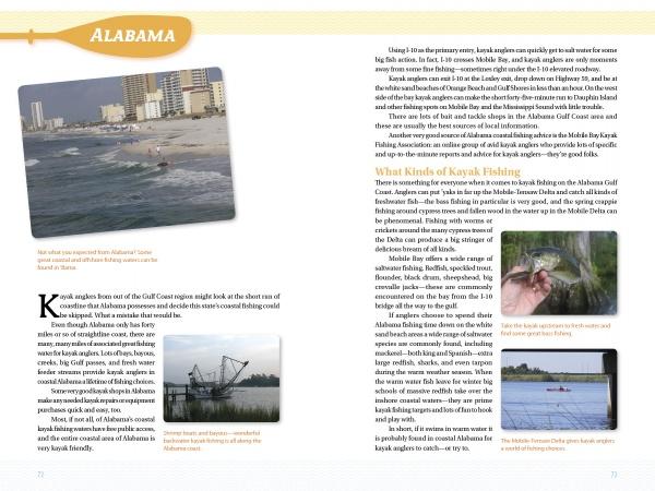 Kayak Fishing the Northern Gulf Coast by Schiffer Publishing, Ltd. offers an info page for Alabama kayak anglers, featuring 3 photos—beach fishing, a boat by shore, kayaking on calm water—plus tips and top spots.