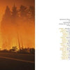 On the right is a table of contents. On the left, Terra Flamma by Schiffer Publishing, Ltd. displays striking wildfire photography: tall trees silhouetted against an orange sky as a road runs past the burning forest, with text overlaid.