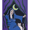 A stylized illustration from the Hip Chick Tarot by Schiffer Publishing, Ltd. shows the High Priestess as a diverse woman in blue, opening a curtain with a crescent moon above and two cats—one black, one white—at her feet.