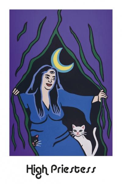 A stylized illustration from the Hip Chick Tarot by Schiffer Publishing, Ltd. shows the High Priestess as a diverse woman in blue, opening a curtain with a crescent moon above and two cats—one black, one white—at her feet.