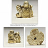 Three views of the Netsuke by Schiffer Publishing, Ltd. are shown: Tokime with sons Yoshimune and Yorimune upright (top) and front and back angles (bottom), showcasing this detailed carved ivory artwork.