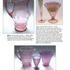 A catalog page from Schiffer Publishing, Ltd.'s "Colors & Patterns of Depression Era Glassware" shows photos and descriptions of purple glassware—pitcher, goblet, cups—each labeled with name, maker, era, and value.