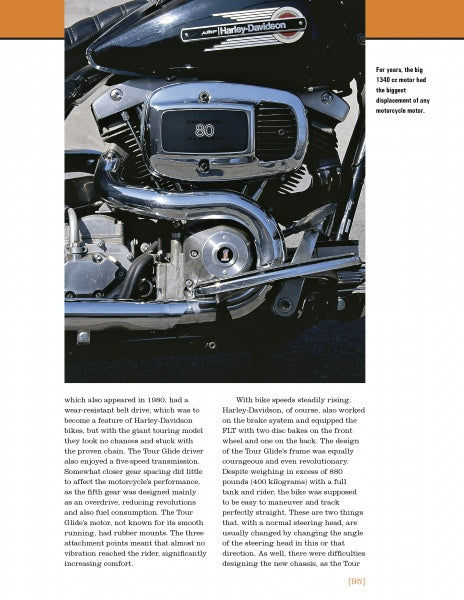 Close-up of a shiny Harley-Davidson Legends engine by Schiffer Publishing, Ltd. A brown box highlights the 1340 cc motor’s large displacement. Below, two columns showcase Harley-Davidson history and notable motorcycle features.