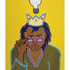 Illustration of a diverse woman wearing a crown and pink glasses with a light bulb above her head on yellow, text "Queen of Think." Ideal for the Hip Chick Tarot by Schiffer Publishing, Ltd.—great for your deck or companion guidebook.