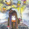 An enchanting illustration from the Shadowland Tarot by Schiffer Publishing, Ltd. depicts a witch with a wand gazing at seven floating cups, each holding unique items, set against a dreamy sky.