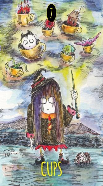 An enchanting illustration from the Shadowland Tarot by Schiffer Publishing, Ltd. depicts a witch with a wand gazing at seven floating cups, each holding unique items, set against a dreamy sky.