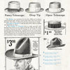 The "A Dandy Guide to Dating Vintage Menswear" by Schiffer Publishing, Ltd. details classic men’s hats with prices, descriptions, ACWA Union labels, and a model in a “Carlsbad” hat from a vintage catalog page.