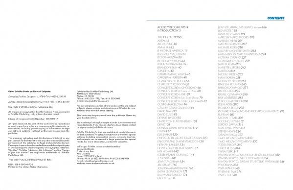 Two pages from *The SFP LookBook: Mercedes-Benz Fashion Week Fall 2013 Collections* by Schiffer Publishing, Ltd. The left page gives publication and copyright info; the right features a contents table with sections and artists’ names.