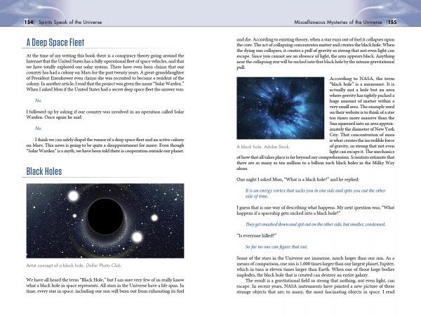 A spread from "Spirits Speak of the Universe" by Schiffer Publishing, Ltd. explores black holes and cosmic mysteries, with text, artist’s concept art of a black hole with an accretion disk, and a starry blue space tunnel evoking possible extraterrestrial encounters.