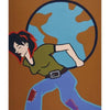 Inspired by tarot art, this illustration from the Hip Chick Tarot by Schiffer Publishing, Ltd. shows a teen with short black-and-red hair, green shirt, and patched jeans carrying a large Earth. Text below reads “Teen of Earth.”.
