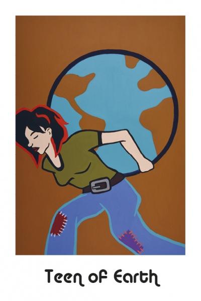 Inspired by tarot art, this illustration from the Hip Chick Tarot by Schiffer Publishing, Ltd. shows a teen with short black-and-red hair, green shirt, and patched jeans carrying a large Earth. Text below reads “Teen of Earth.”.