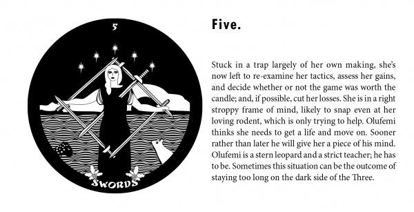 A black-and-white illustration from The Gorgon's Tarot by Schiffer Publishing, Ltd. shows a contemplative woman with arms outstretched, five swords, and a seated leopard; explanatory text shares the Five of Swords meaning.