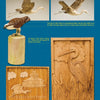 A page showcases woodcarving bird art, like a fish hawk and flying egret, with relief carvings of a lighthouse scene and heron among reeds—all displayed on blue backgrounds beside “Power Carving a Chesapeake Bay Blue Crab” by Schiffer Publishing, Ltd.