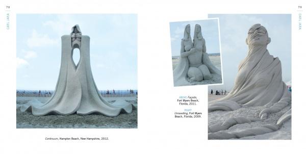 Three large Contemporary Sand Sculptures by Schiffer Publishing, Ltd. feature abstract, elongated human forms and expressive poses on beaches with people enjoying the background.