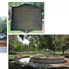 The collage from Savannah Perspectives by Schiffer Publishing, Ltd. features the German Memorial Fountain plaque, sparkling water, and a sweeping view of this historic Savannah park with grass, benches, and moss-draped trees.
