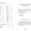 The "Intuitive Wisdom" book by Schiffer Publishing, Ltd. features sections on Tarot card suits and names, a guide to exploring and coloring your Tarot deck, and an intro to the Major Arcana, all presented in organized columns and easy-to-read lists.
