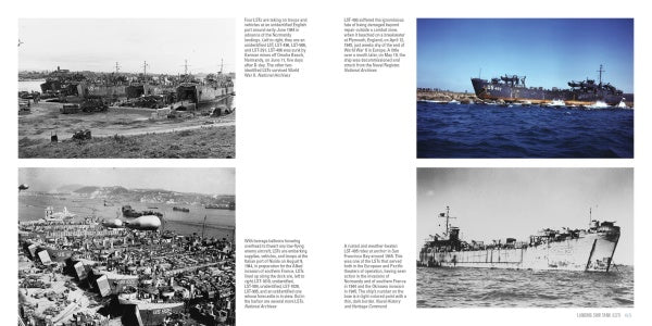 A collage of four photos from "US Landing Craft of World War II, Vol. 2" by Schiffer Publishing, Ltd. shows American landing craft unloading troops and supplies, with descriptive text beside each image.