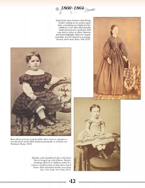 Victorian Fashions for Women and Children by Schiffer Publishing, Ltd. features sepia photos of a boy in a plaid dress, a woman in Victorian attire with a shawl, and a girl in stripes, plus text on 1860-1864 fashion.