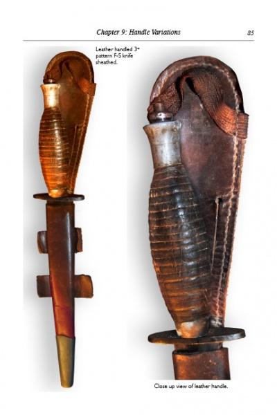 The Fairbairn-Sykes Fighting Knife by Schiffer Publishing, Ltd. features a patterned leather handle, metal pommel, and brown leather sheath; a right-side close-up is shown—ideal for British dagger collectors.