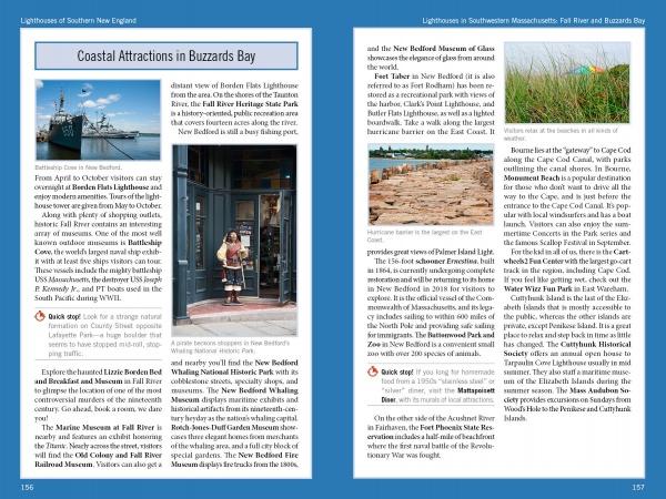 Two pages from Schiffer Publishing, Ltd.'s "Lighthouses and Coastal Attractions of Southern New England" showcase text and images of a lighthouse, harbor, and rocky coast, highlighting Buzzards Bay—a key stop on any New England lighthouse tour.