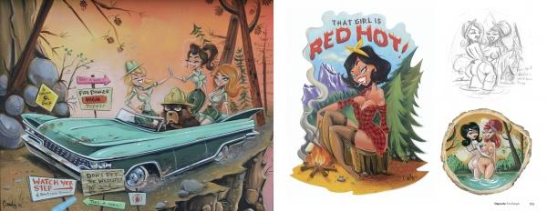 A pop-surreal cartoon showcases park rangers and women by a green car with camping signs, while a pin-up sits beside a fire labeled "She's a Wildcat!"—all radiating Schiffer Publishing, Ltd.’s signature lowbrow art flair.