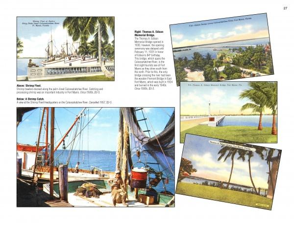 “Greetings from Fort Myers and Sanibel Island” by Schiffer Publishing, Ltd. showcases a collage of vintage postcards and photos with boats, palm trees, a waterfront, and the Edison Winter Estate’s role in local history.